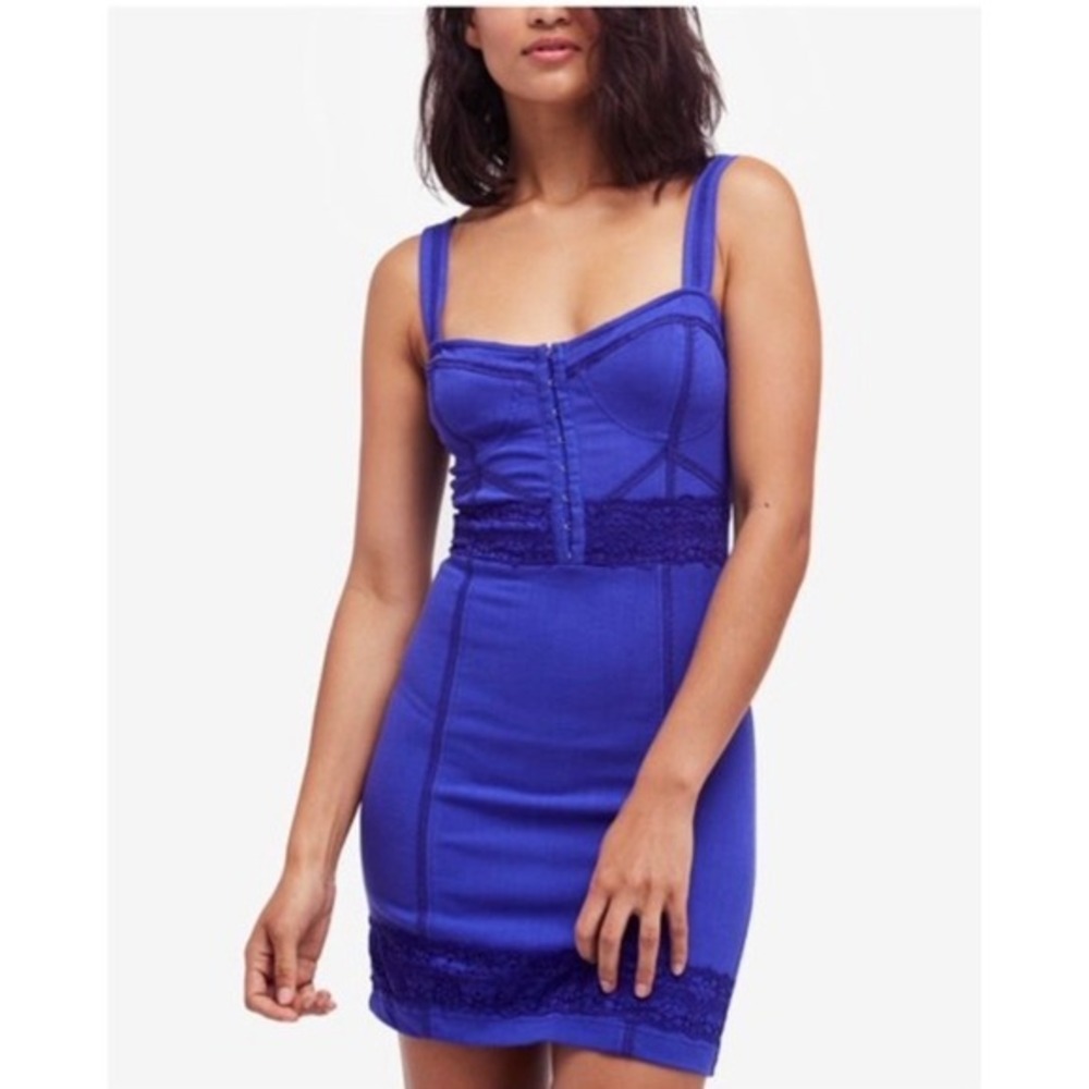 J22 NWT Free People Lace‎ Me Up Bodycon Dress Cobalt Blue Sz L